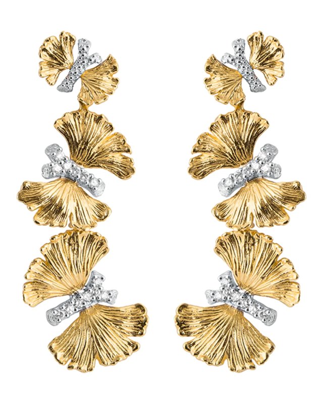 Butterfly Ginkgo Triple Drop Earrings with Diamonds